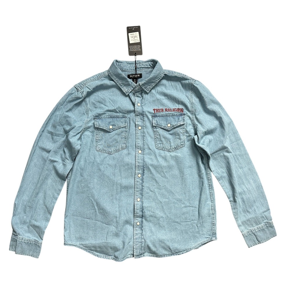True Religion Denim Light Blue Western Pearl Snap Jean Chambray Mens Shirt Sz‎ M